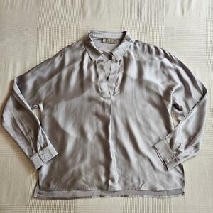 Go by GoSilk Silver Washable Silk V Neck Model Off Duty Long Sleeve Top Women M